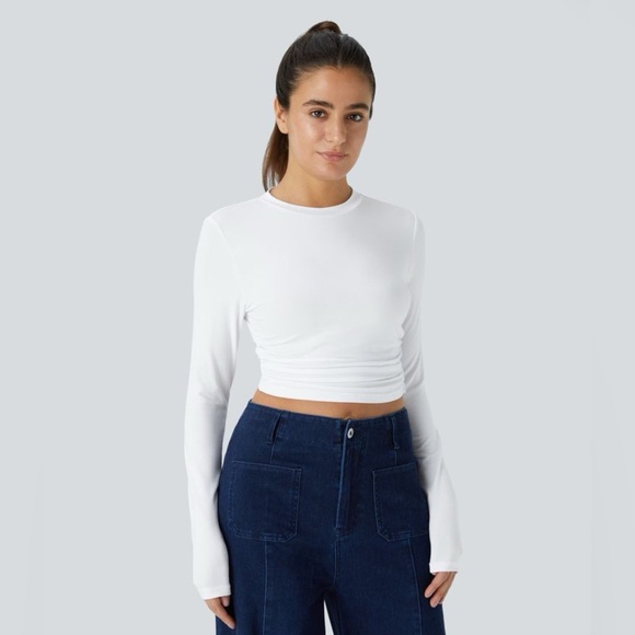 Halara White Round Neck Long Sleeve Ruched Skinny Cropped Casual Top Medium - Picture 1 of 6